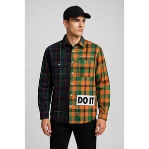 KLEEP Patchwork Plaid Flannel Graphic Shirt Streetwear XL